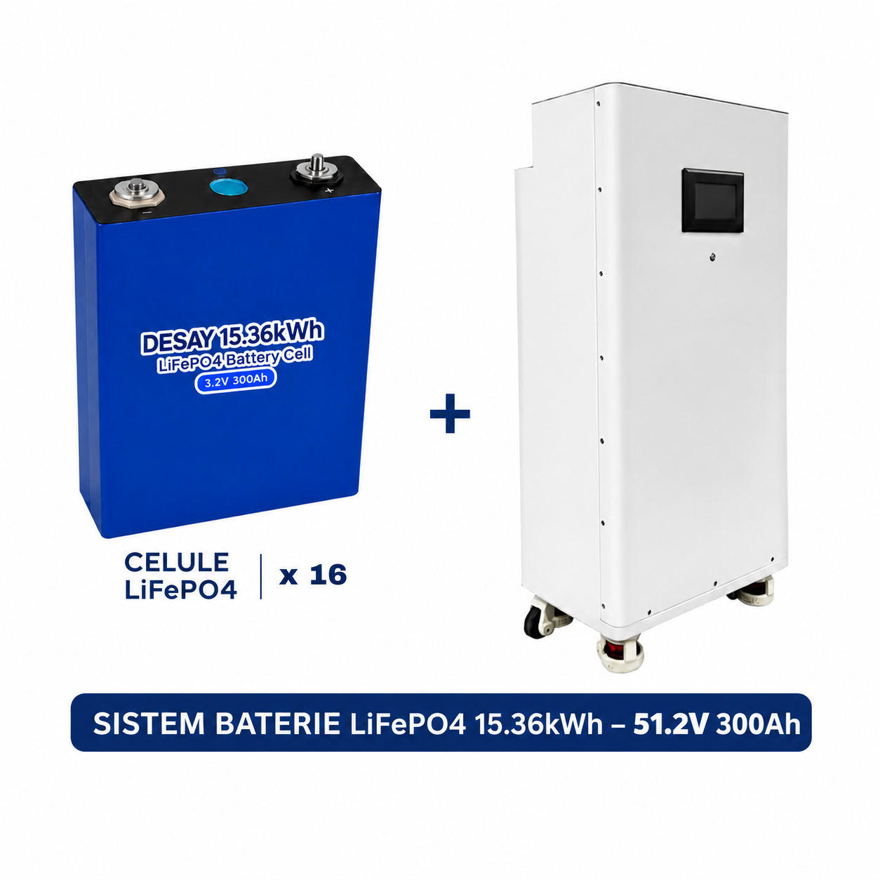 Baterie pentru panouri fotovoltaice LiFePO4 15.36 kWh 51.2V 300Ah, Celule DESAY Grade A, BMS Inteligent, Compatibila cu invertoare Low Voltage