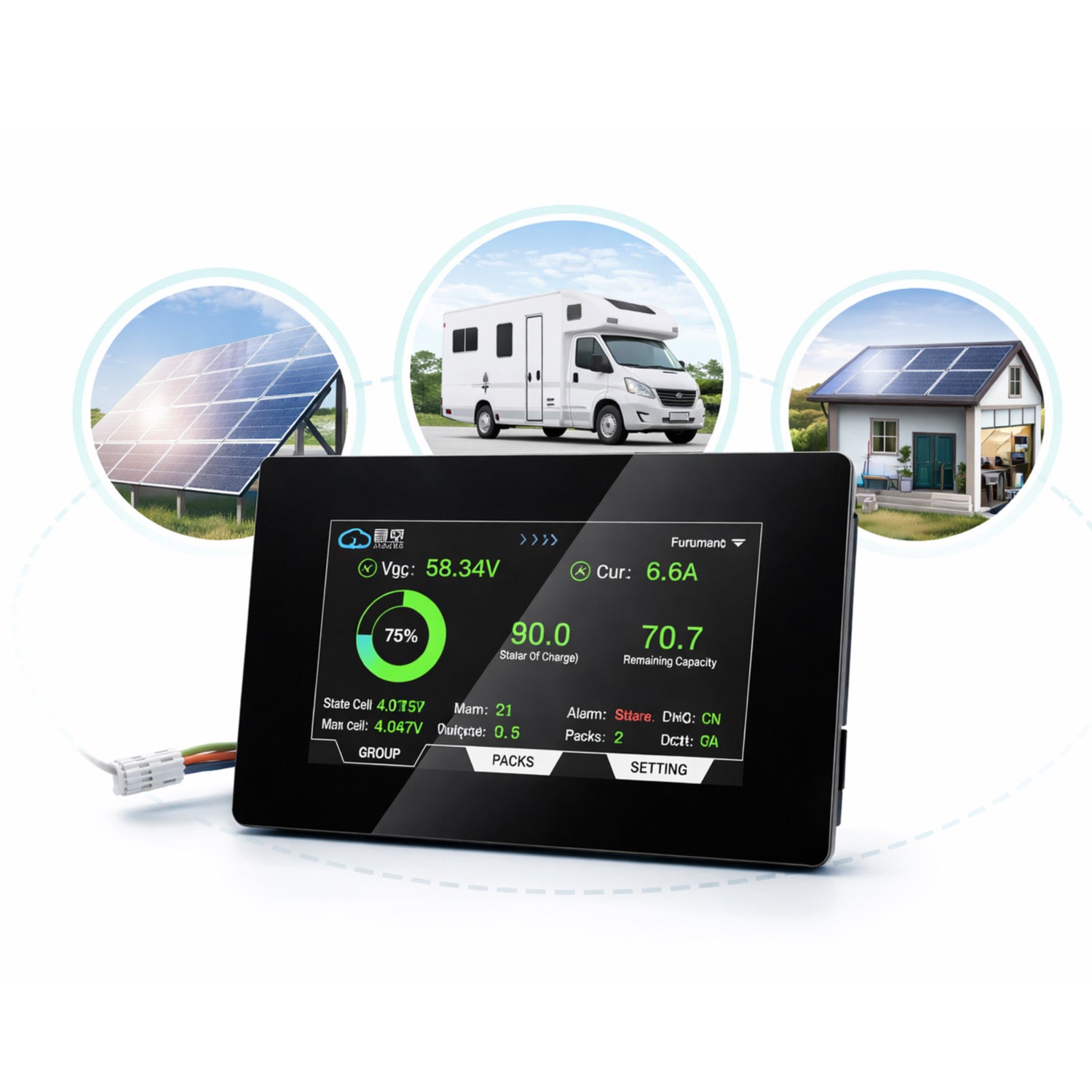 Display inteligent 4.3 inch IPS Touch pentru JK BMS V19, monitorizare baterie LiFePO4 in timp real, cabluri incluse, interfata clara, plug and play