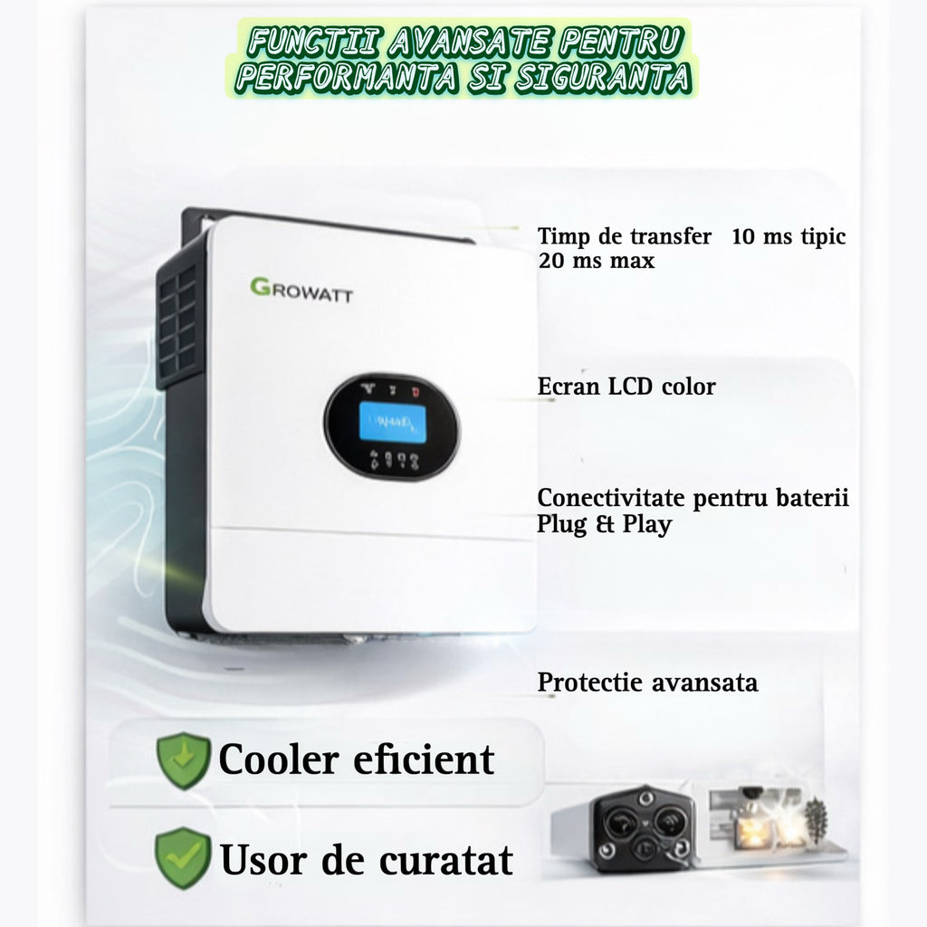 Invertor solar GROWATT SPF 6000 ES Plus 6kW Off Grid, 2 MPPT, WiFi, monofazat, dongle Growatt Shine WiFi-X pentru monitorizare