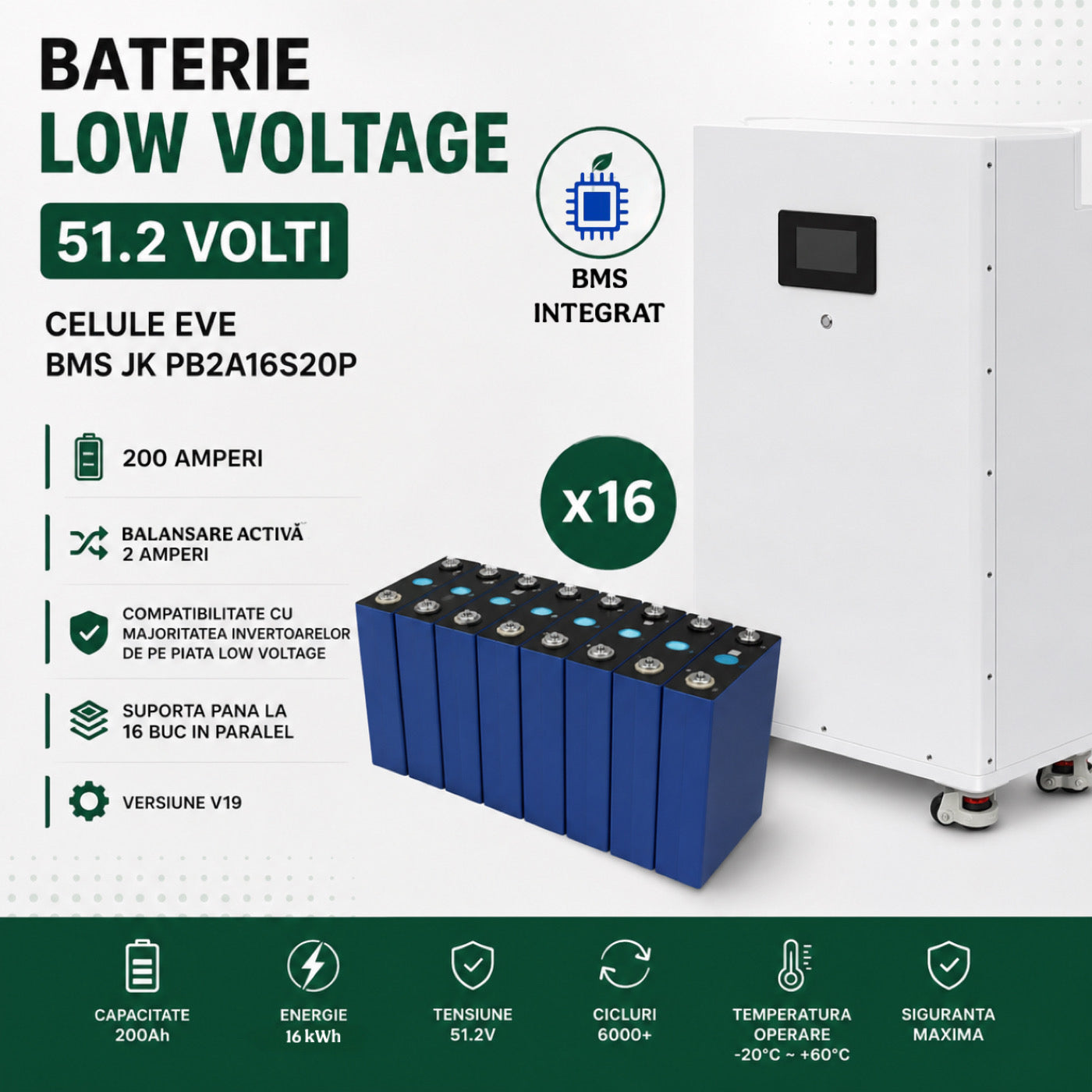 Baterie LiFePO4 16 kWh 51.2V 310Ah cu celule EVE Grade A, BMS Inteligent, Low Voltage, compatibila cu sisteme fotovoltaice si invertoare