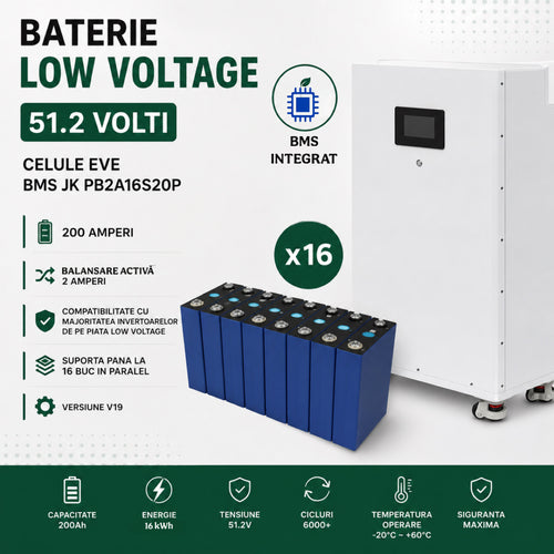 Baterie LiFePO4 16 kWh 51.2V 310Ah cu celule EVE Grade A, BMS Inteligent, Low Voltage, compatibila cu sisteme fotovoltaice si invertoare