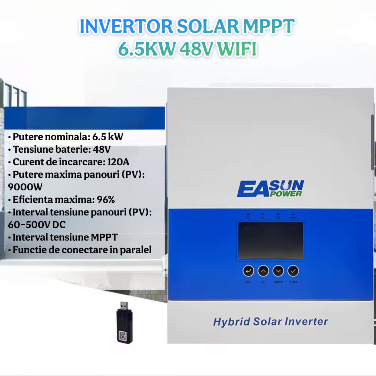Invertor Solar 6.5KW 48V WiFi inclus, MPPT 120A, Unda Sinusoidala Pura, Paralel, Incarcator Baterii, SLSpeed SMS 6.5KP-48V