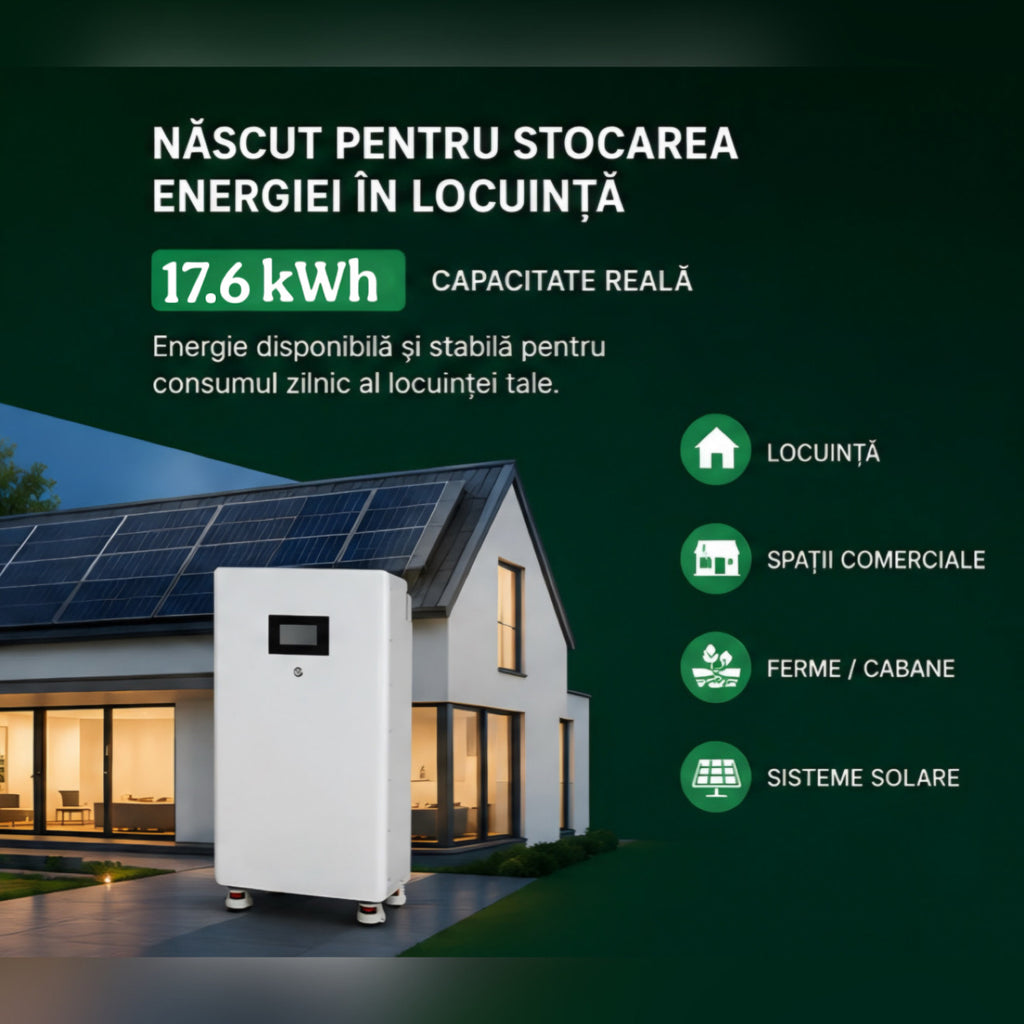Baterie LiFePO4 17.6 kWh 51.2V 340Ah cu celule EVE Grade A, BMS Inteligent, Low Voltage, compatibila cu sisteme fotovoltaice si invertoare