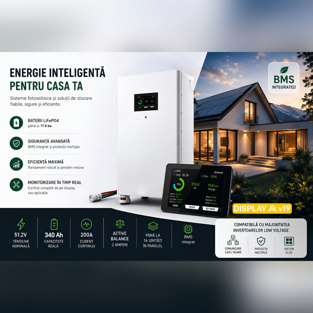 Baterie LiFePO4 17.6 kWh 51.2V 340Ah cu celule EVE Grade A, BMS Inteligent, Low Voltage, compatibila cu sisteme fotovoltaice si invertoare