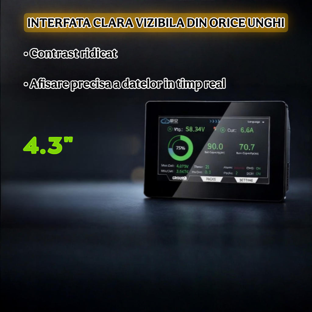 Display inteligent 4.3 inch IPS Touch pentru JK BMS V19, monitorizare baterie LiFePO4 in timp real, cabluri incluse, interfata clara, plug and play