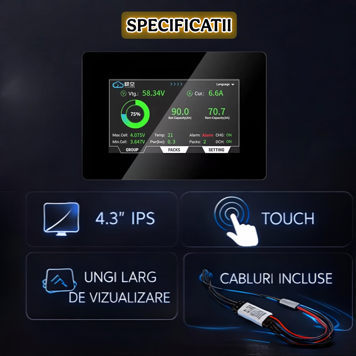 Display inteligent 4.3 inch IPS Touch pentru JK BMS V19, monitorizare baterie LiFePO4 in timp real, cabluri incluse, interfata clara, plug and play