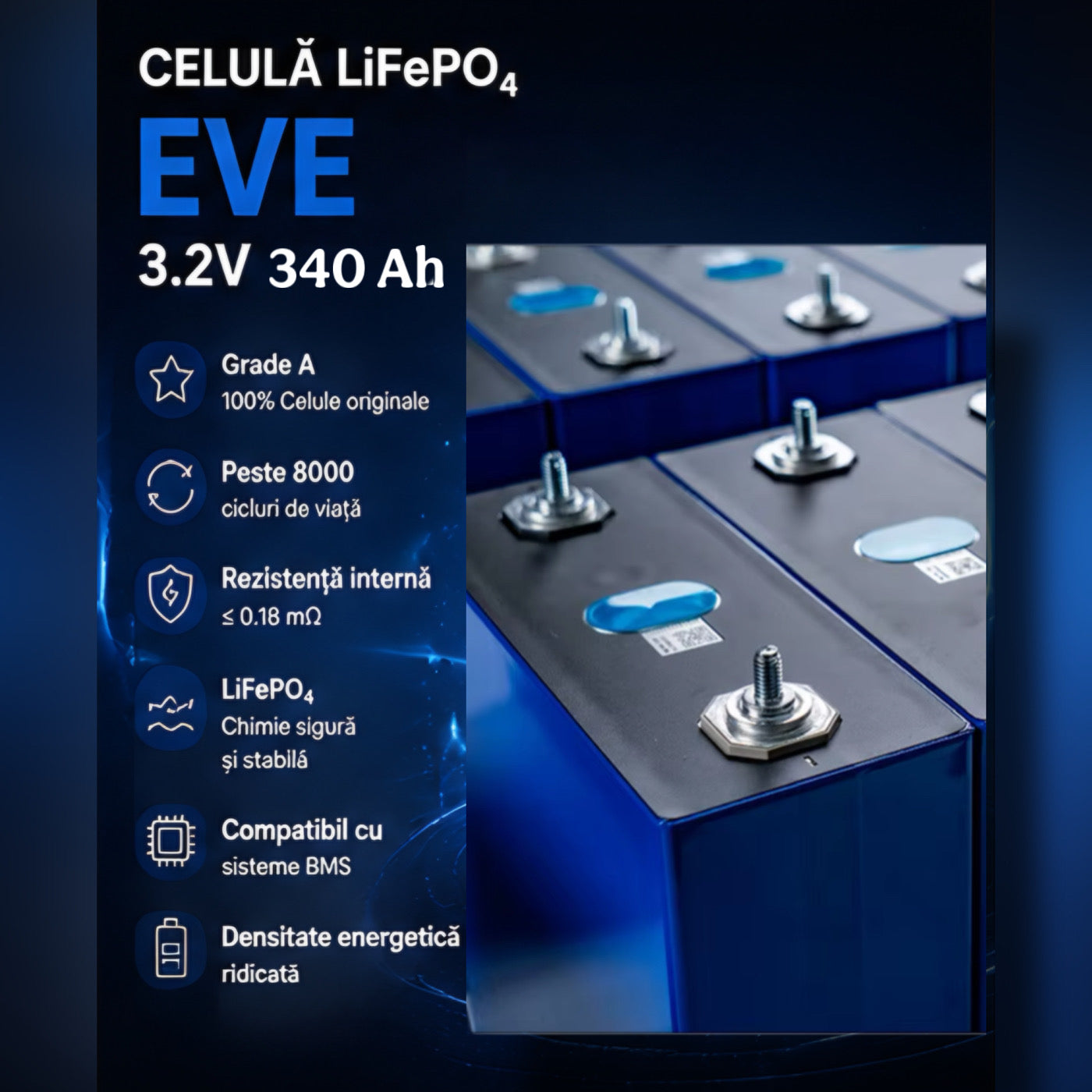 Baterie LiFePO4 17.6 kWh 51.2V 340Ah cu celule EVE Grade A, BMS Inteligent, Low Voltage, compatibila cu sisteme fotovoltaice si invertoare