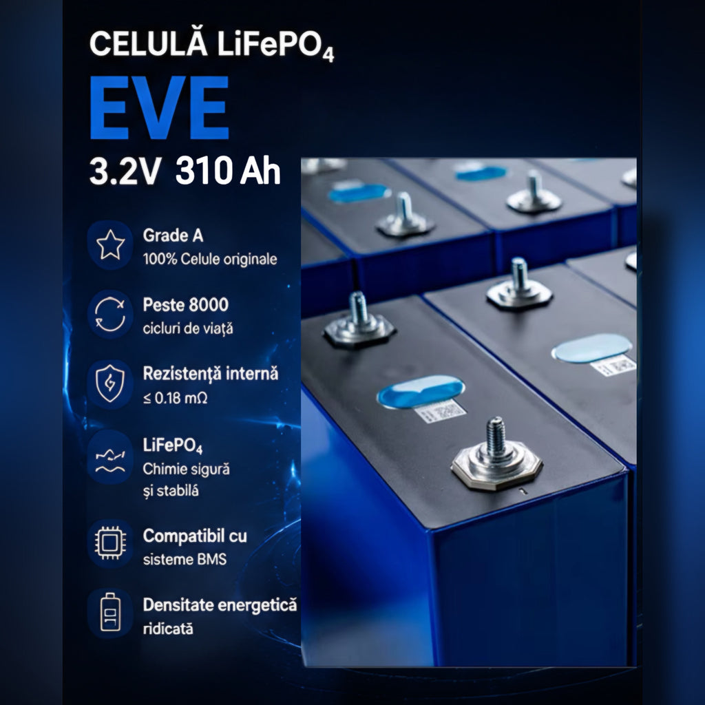 Baterie LiFePO4 16 kWh 51.2V 310Ah cu celule EVE Grade A, BMS Inteligent, Low Voltage, compatibila cu sisteme fotovoltaice si invertoare