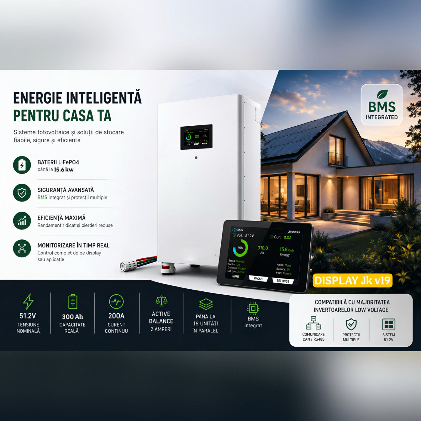 Baterie pentru panouri fotovoltaice LiFePO4 15.36 kWh 51.2V 300Ah, Celule DESAY Grade A, BMS Inteligent, Compatibila cu invertoare Low Voltage