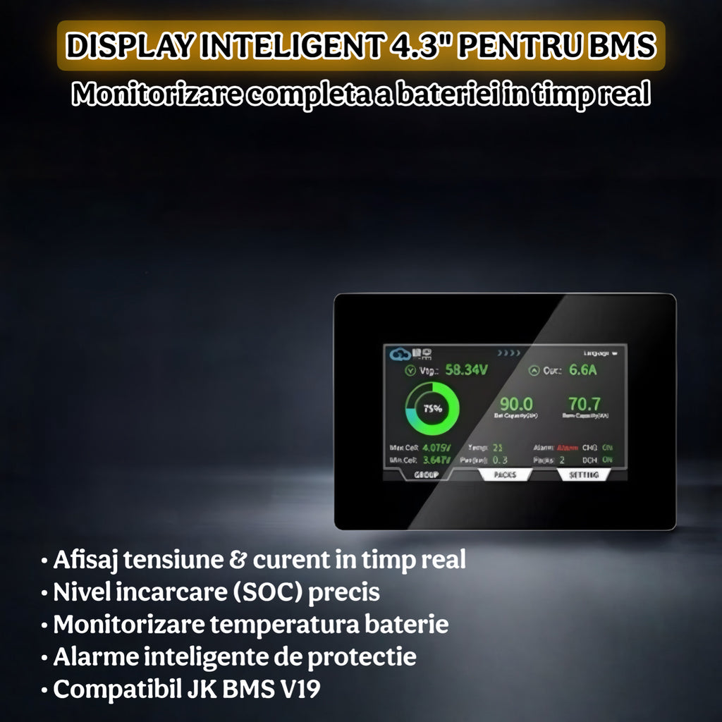 Display inteligent 4.3 inch IPS Touch pentru JK BMS V19, monitorizare baterie LiFePO4 in timp real, cabluri incluse, interfata clara, plug and play
