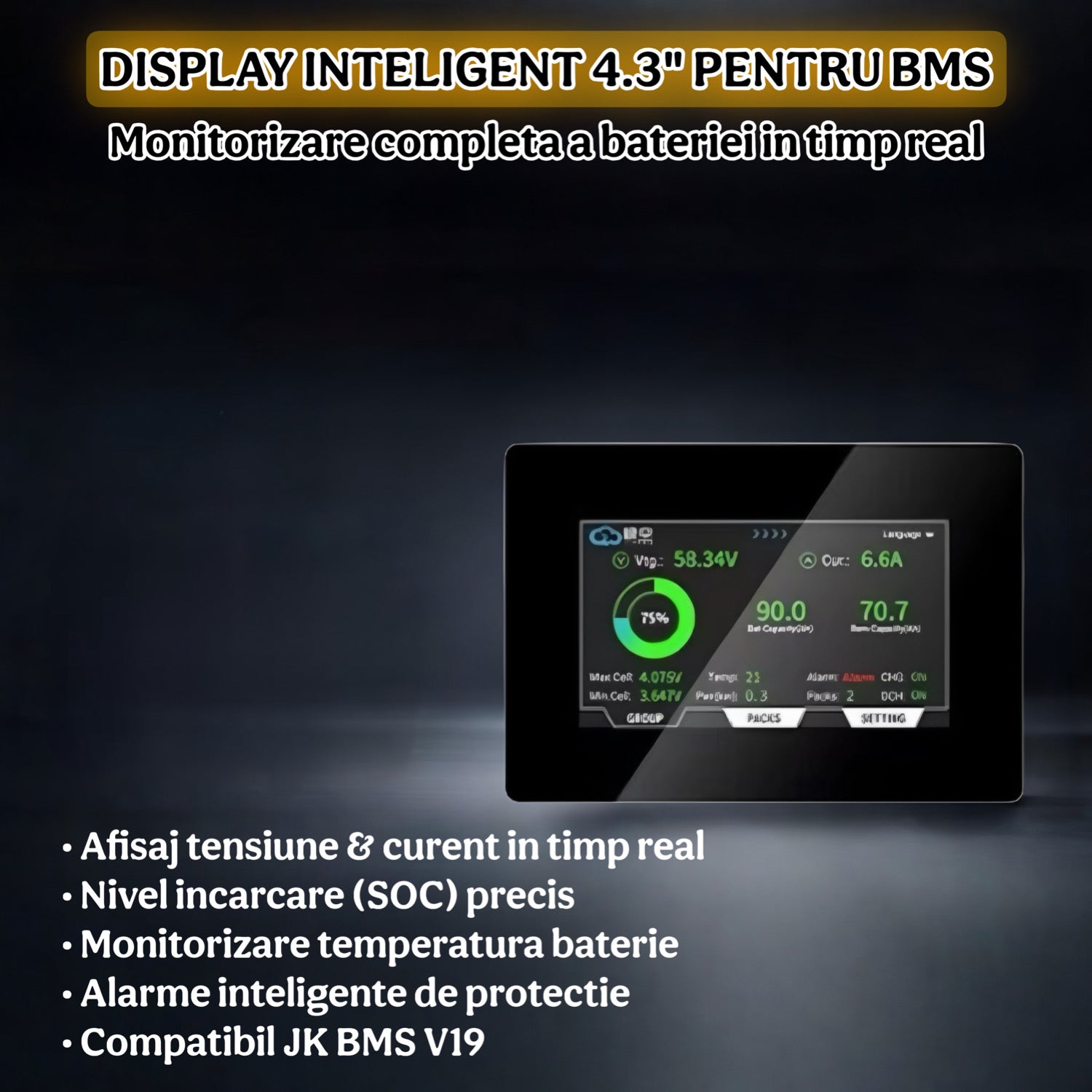 Display inteligent 4.3 inch IPS Touch pentru JK BMS V19, monitorizare baterie LiFePO4 in timp real, cabluri incluse, interfata clara, plug and play
