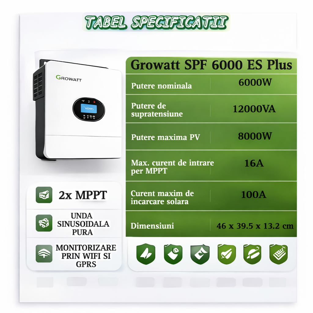 Invertor solar GROWATT SPF 6000 ES Plus 6kW Off Grid, 2 MPPT, WiFi, monofazat, dongle Growatt Shine WiFi-X pentru monitorizare